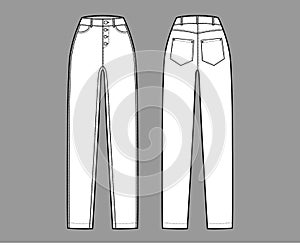 Jeans botton fly tapered Denim pants technical fashion illustration with full length, waist, high rise, 5 pockets, Rivet