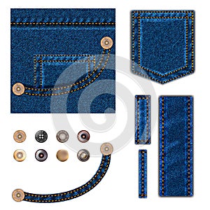 Jeans and buttons. illustration set. Blue denim background with pocket, metal snaps collection and texture border elements