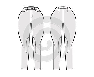 Jeans Classic Jodhpurs Denim pants technical fashion illustration with normal waist, pockets, belt loops, full lengths.