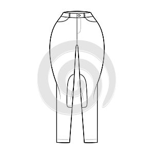 Jeans Classic Jodhpurs Denim pants technical fashion illustration with normal waist, pockets, belt loops, full lengths.