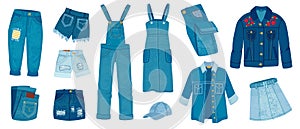 Jeans clothes. Ripped denim casual fashion. Cartoon trendy jean jacket, pants and shorts, skirts and dress. Blue outfit