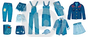 Jeans clothes. Ripped denim casual fashion. Cartoon trendy jean jacket, pants and shorts, skirts and dress. Blue outfit models,