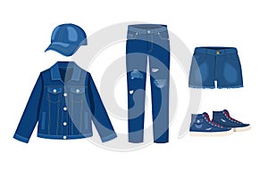 Jeans clothing collection. Denim cap, jacket, shorts and sneakers. Trendy fashion ripped denim casual clothes vector