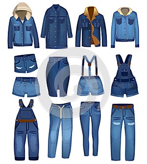 Jeans clothing collection with ripped details. Dark Blue denim jeans, shorts and jackets fits and styles. Vector jeans clothing