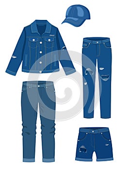 Jeans clothing. Trendy fashion ripped denim casual clothes vector illustration, Denim jacket, shirt, cap