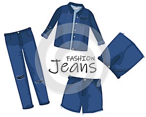 Jeans clothing. Trendy fashion ripped denim casual clothes vector illustration, jeans outfit garments models
