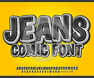 Jeans comics font. Denim alphabet in pop art style