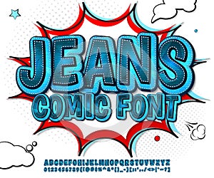 Jeans comics font. Denim alphabet in pop art style