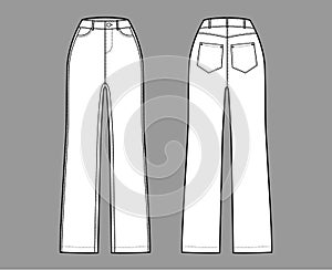 Jeans Denim pants technical fashion illustration with full length, normal waist, high rise, 5 pockets, Rivets, belt loop