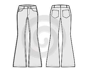 Jeans flared bottom Denim pants technical fashion illustration with full length, low waist, rise, 5 pockets, Rivets Flat