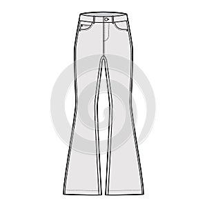 Jeans flared bottom Denim pants technical fashion illustration with full length, low waist, rise, 5 pockets, Rivets Flat