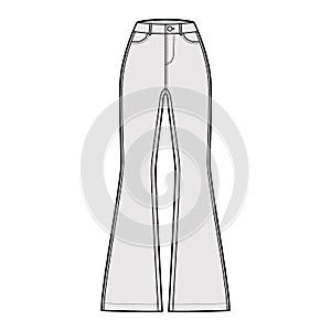 Jeans flared bottom Denim pants technical fashion illustration with full length, normal waist, high rise, 5 pockets