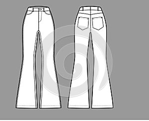 Jeans flared bottom Denim pants technical fashion illustration with full length, normal waist, high rise, 5 pockets