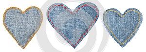 Jeans Heart, Patch with Stitches Seams, Set of Fabric Shapes White Isolated, Love concept