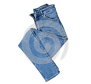 Jeans isolated on white, denim pants isolated, folded blue jeans isolated on white, summer clothes, cloth element mock up photo