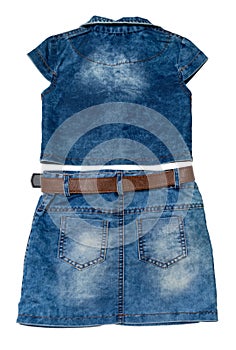 Jeans jacket with blue jeans skirt isolated over white background. Close up