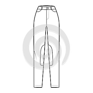 Jeans Kentucky Jodhpurs Denim pants technical fashion illustration with normal waist, pockets, belt loops, full lengths.