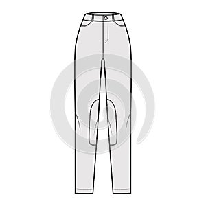 Jeans Kentucky Jodhpurs Denim pants technical fashion illustration with normal waist, pockets, belt loops, full lengths.