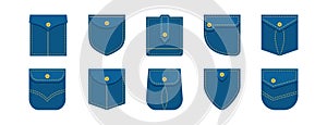 Jeans patch pocket vector icon, cartoon blue denim cloth with buttons front view, tshirt or pants, seam lines. Garment