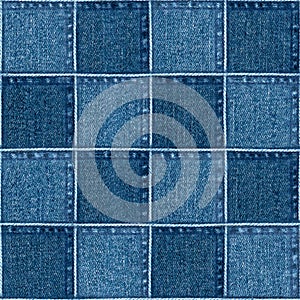 Jeans patchwork fashion background. Denim blue grunge textured seamless pattern