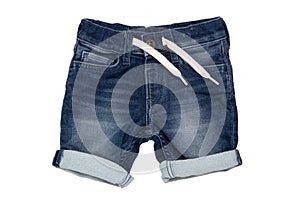Jeans shorts isolated. Trendy stylish short jeans pants with white ribbon for child boy isolated on a white background.