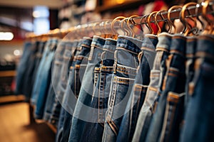 Jeans showcase Denim pants hanging on rack, fashion retail