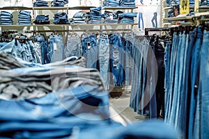 Jeans store in a shopping center. Denim sales. Blue pants. Shopping for women