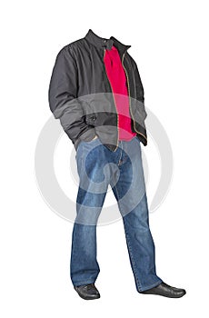 jeans, t-shirt with a collar on buttons, jacket and leather shoes isolated on white background