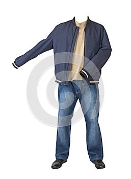 jeans, t-shirt with a collar on buttons, jacket and leather shoes isolated on white background