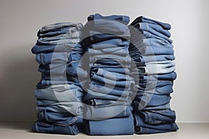 Jeans trousers stack on white background. Neural network AI generated