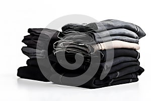 Jeans trousers stack on white background. Neural network AI generated