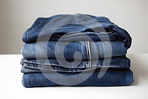 Jeans trousers stack on white background. Neural network AI generated