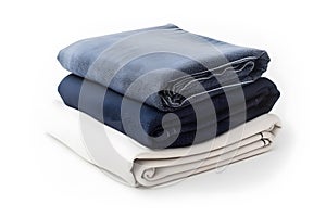 Jeans trousers stack on white background. Neural network AI generated