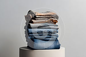 Jeans trousers stack on white background. Neural network AI generated