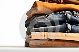 Jeans trousers stack on white background. Neural network AI generated