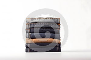 Jeans trousers stack on white background. Neural network AI generated