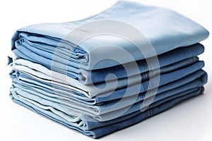 Jeans trousers stack on white background. Neural network AI generated