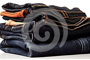 Jeans trousers stack on white background. Neural network AI generated
