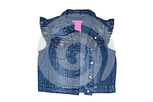 Jeans vests fashion. Sleeveless blue jeans vest or jacket for the little girl isolated on a white background. Top view front