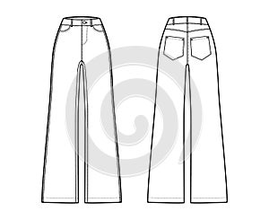 Jeans wide leg Denim pants technical fashion illustration with full length, normal waist, high rise, 5 pockets, Rivets