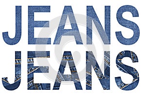 JEANS word from torn scraps of denim, fashion background