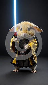 Jedi Mouse Mini Lop with Black & Yellow Fur Stands Tall on Hind Legs, Wielding Lightsaber