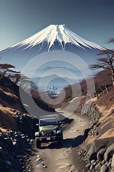 A jeep in an adventure of mountain road, Mount Fuji in the background, tree, wildplants, car, transportation, logo, t-shirt design photo