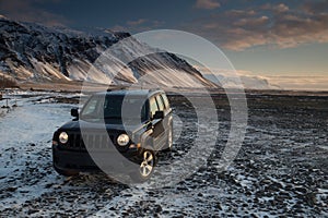 A jeep by an amazing landscape.