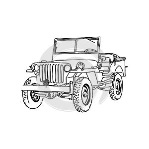 jeep army vector line art Hand drawn illustration