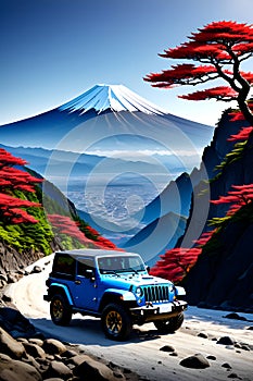 A jeep crossing a mountain road, hills, trees, wildplants, flower, Mount Fuji towering Majestically in the background, logo, car