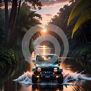 A jeep drift on the river in the jungle, sunset, car