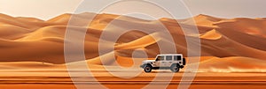 Jeep Driving Through Desert With Sand Dunes in Background. Generative AI.