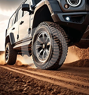 A jeep is driving on a dirt road with its tires kicking up dust