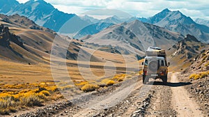 Jeep Driving on Dirt Road in Mountainous Terrain